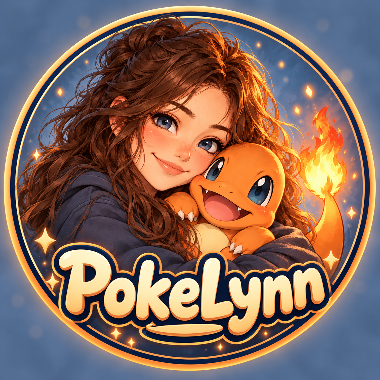 Brunette Lynn met blauwgrijze ogen en Charmander, PokeLynn logo